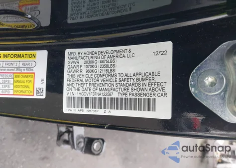 2022 Honda Accord Sport from USA, damaged, VIN 1HGCV1F37NA122587